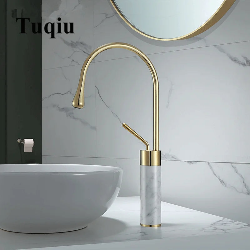 Afralia™ Brushed Gold Brass & Marble Bathroom Sink Faucet