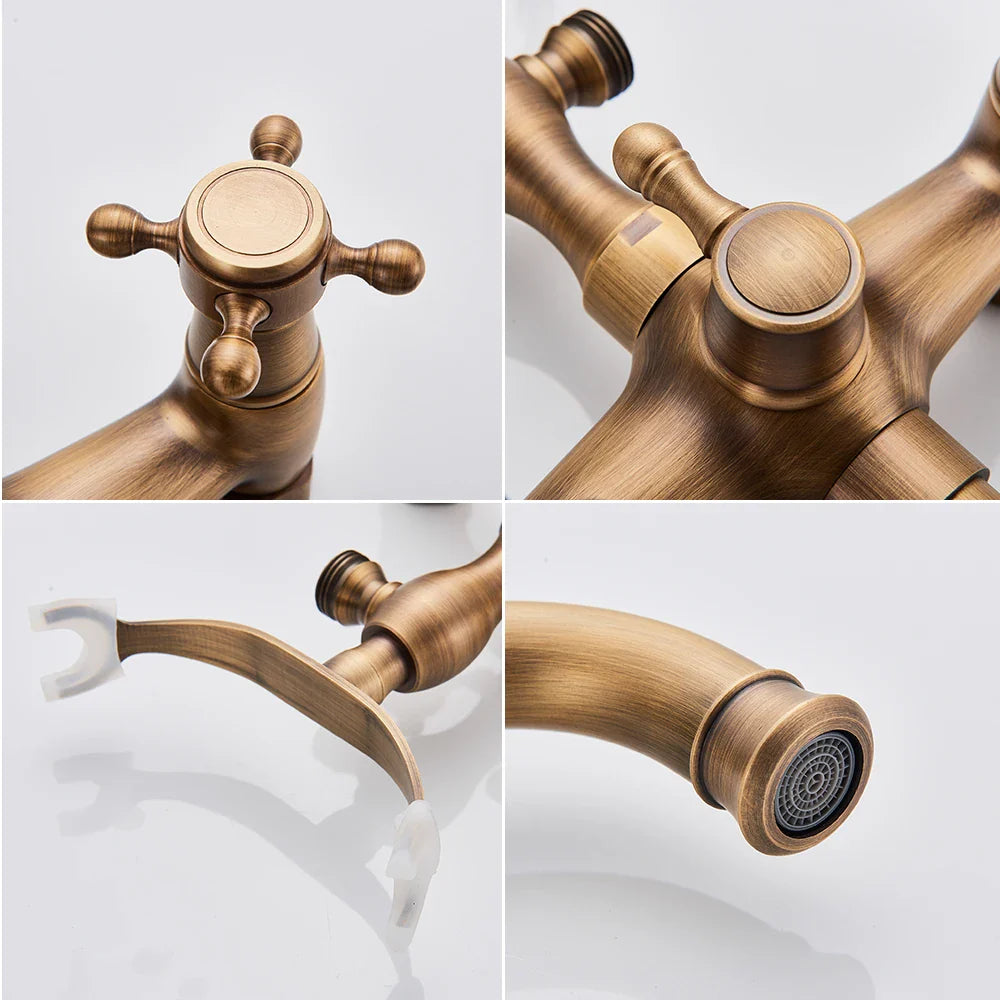 Afralia™ Brass Antique Tub Faucet with Long Spout, Rotate Handle and Handshower