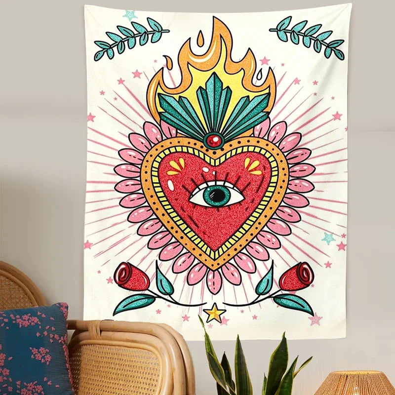 Psychedelic Floral Heart Tapestry Vintage Wall Blanket Boho Decor for Afralia™