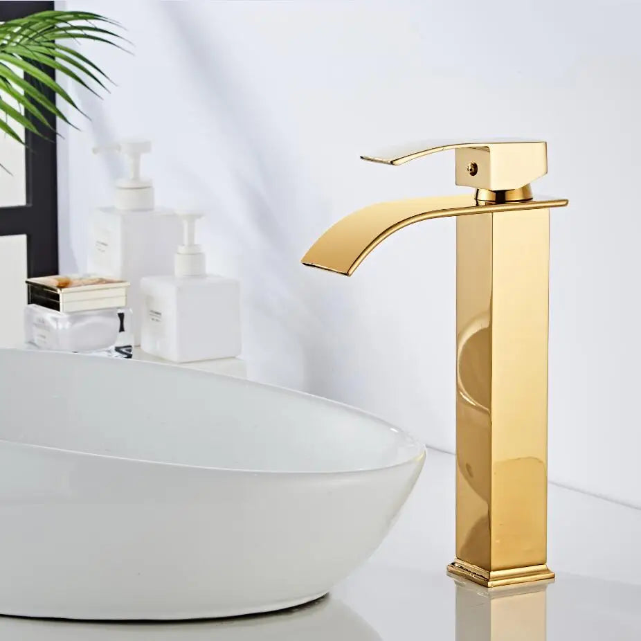 Afralia™ Gold Waterfall Basin Faucet - Brass Mixer Tap for Bathroom Sink, Hot and Cold