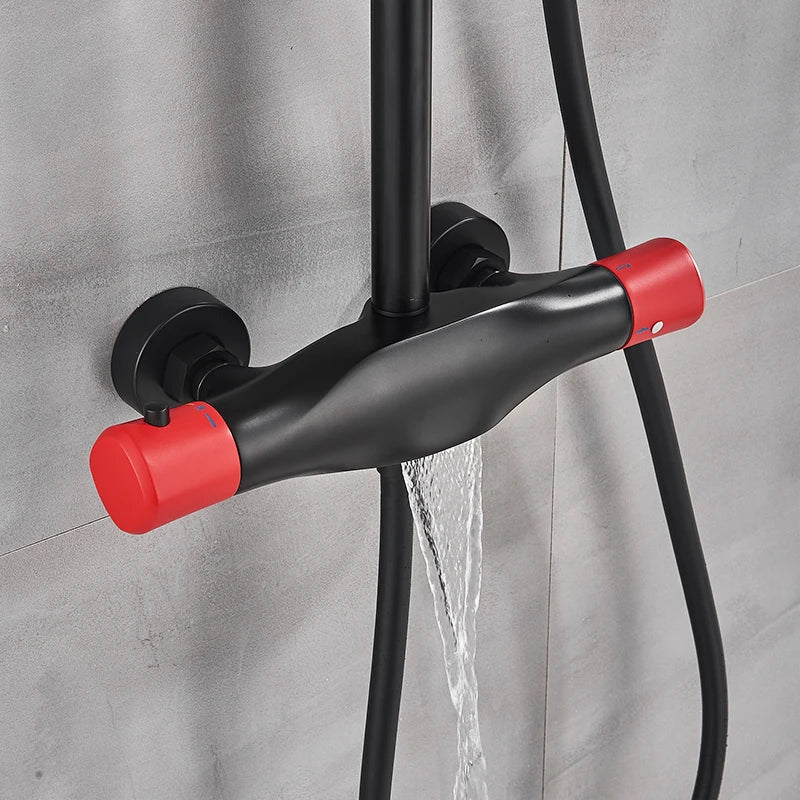 Afralia™ Matte Black Thermostatic Shower Faucet Red Black Dual Mode Hand Rainfall Mixer