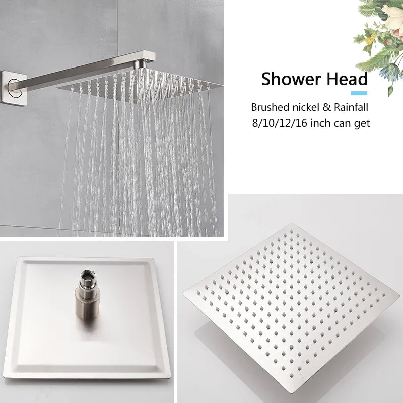 Afralia™ Brushed Nickel Rainfall Shower Faucet Set with Tub Spout - 16" Head