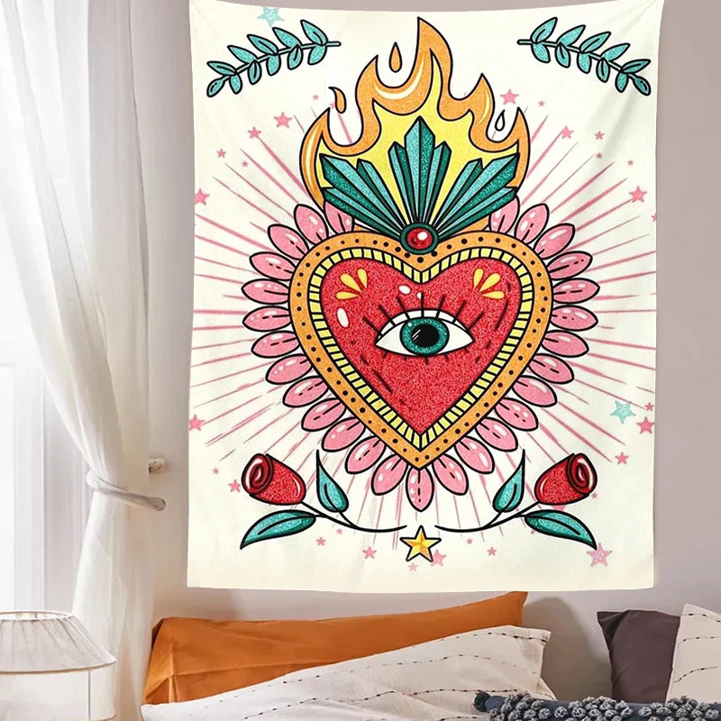 Psychedelic Floral Heart Tapestry Vintage Wall Blanket Boho Decor for Afralia™