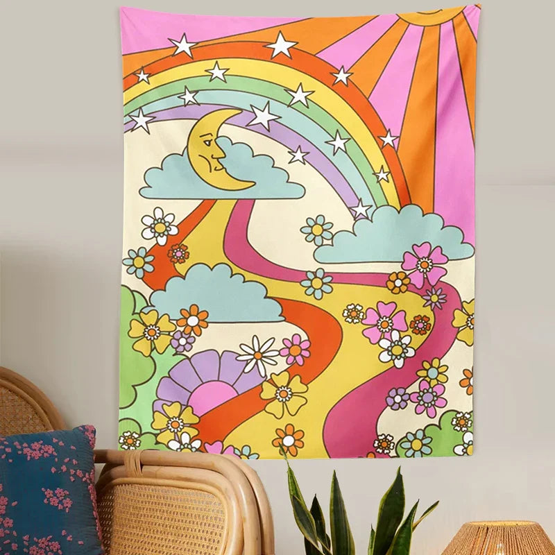 Afralia™ Retro Rainbow Psychedelic Tapestry Wall Hanging - Vintage Hippie Decor