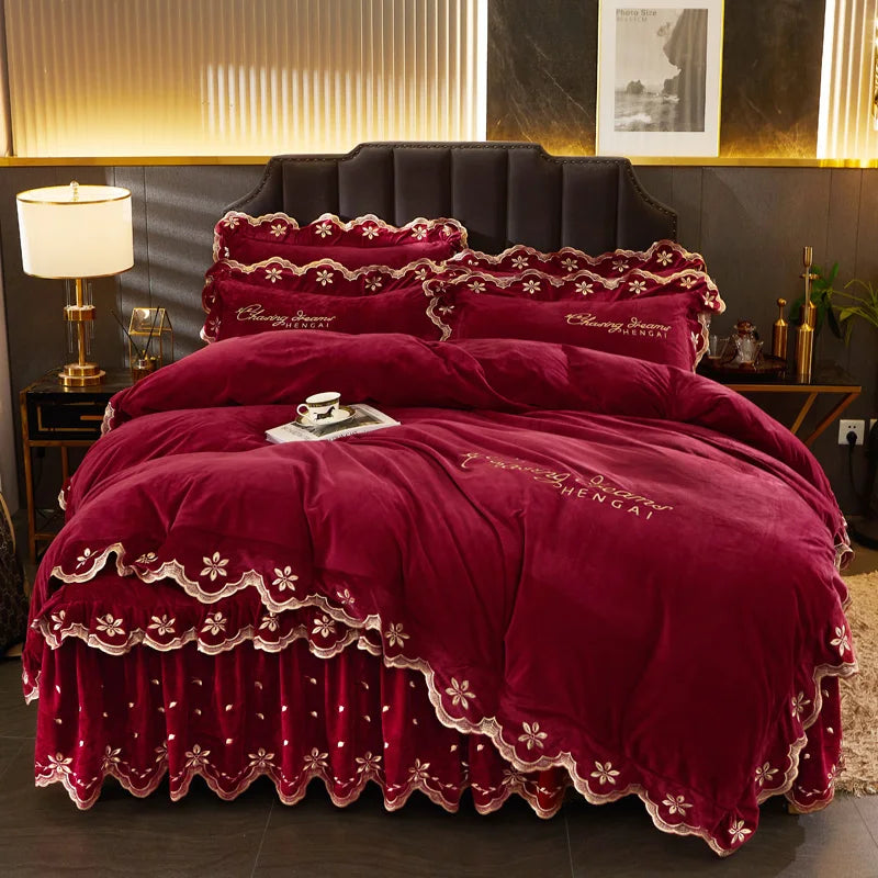 Afralia™ Velvet Bedding Set with Gold Embroidery & Ruffles