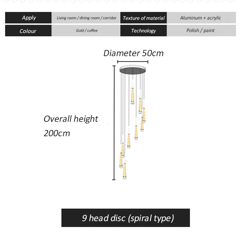 Afralia™ LED Spiral Chandelier Black Chrome Gold Pendant Light Modern Stairwell Lighting