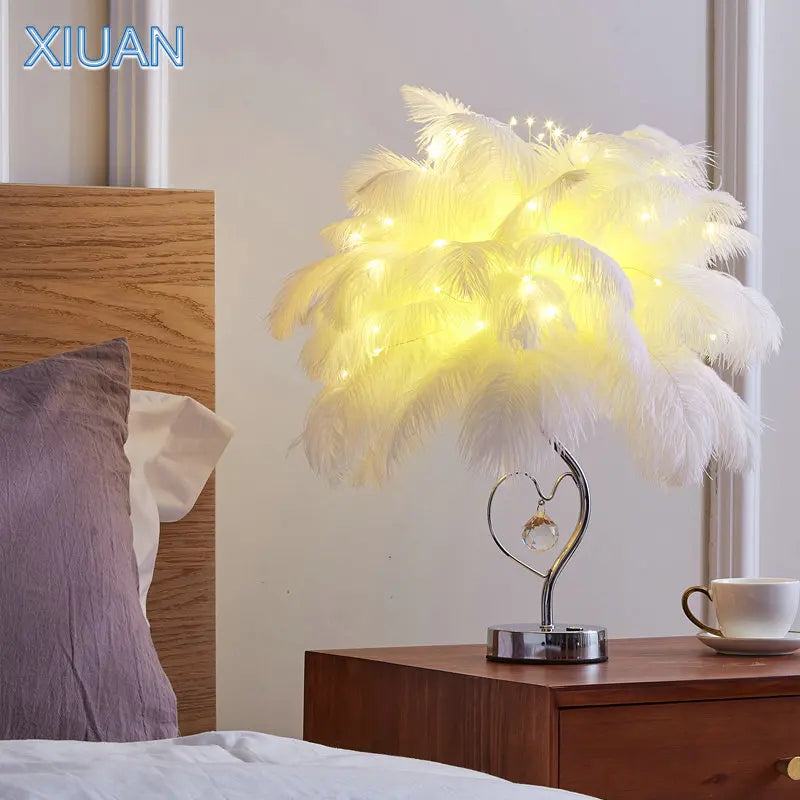 Afralia™ Nature Ostrich Feather Table Light With Remote Control Dimmer Night Lamp