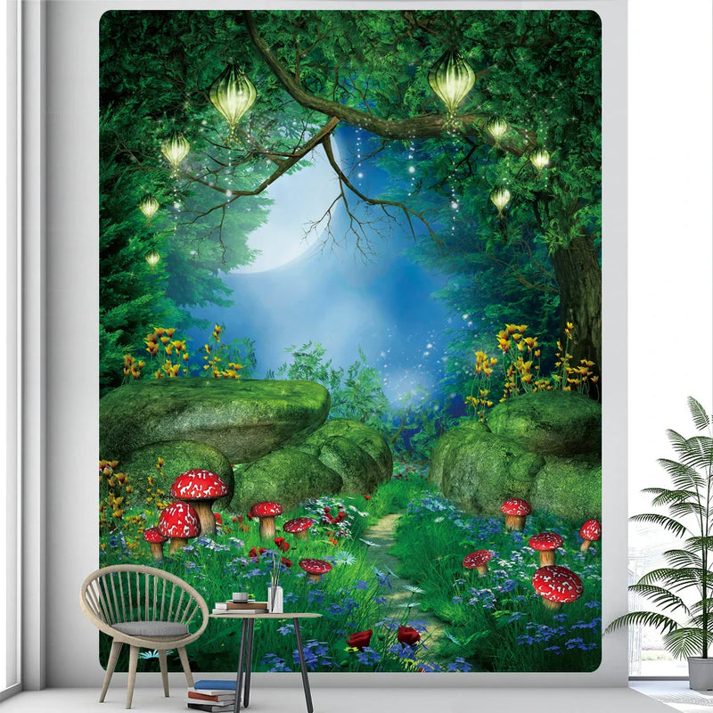 Afralia™ Psychedelic Moon Mushroom Butterfly Elf Tapestry Wall Hanging