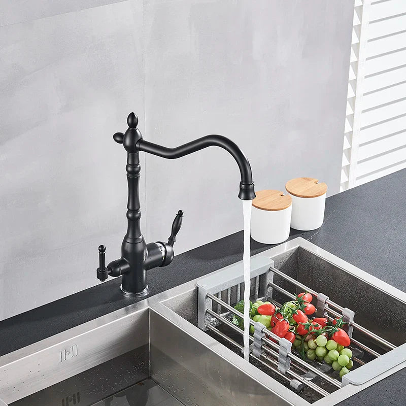 Afralia™ Matte Black Dual Handle Kitchen Faucet with Pure Water Filter Spout