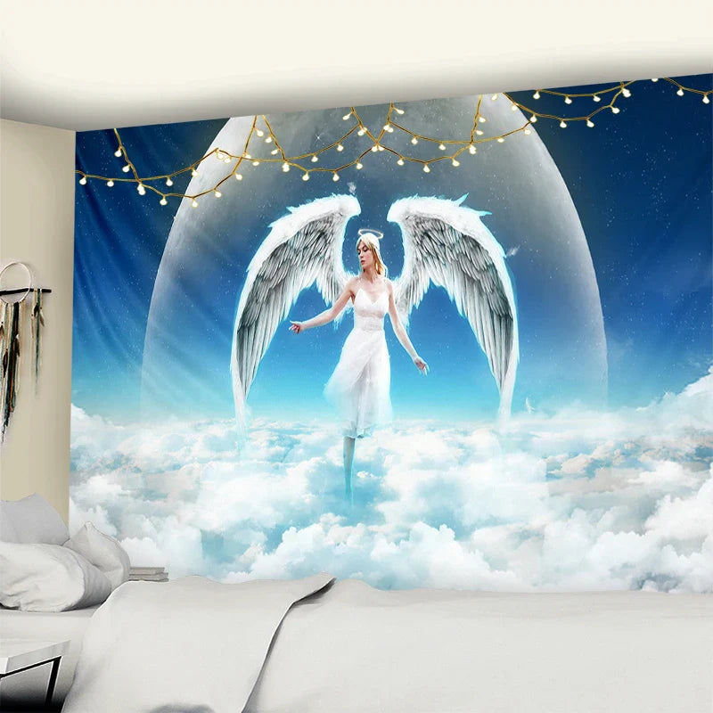 Afralia™ Angel Tapestry Wall Hanging: Blue Sky White Clouds Halo Bohemian Art Decor