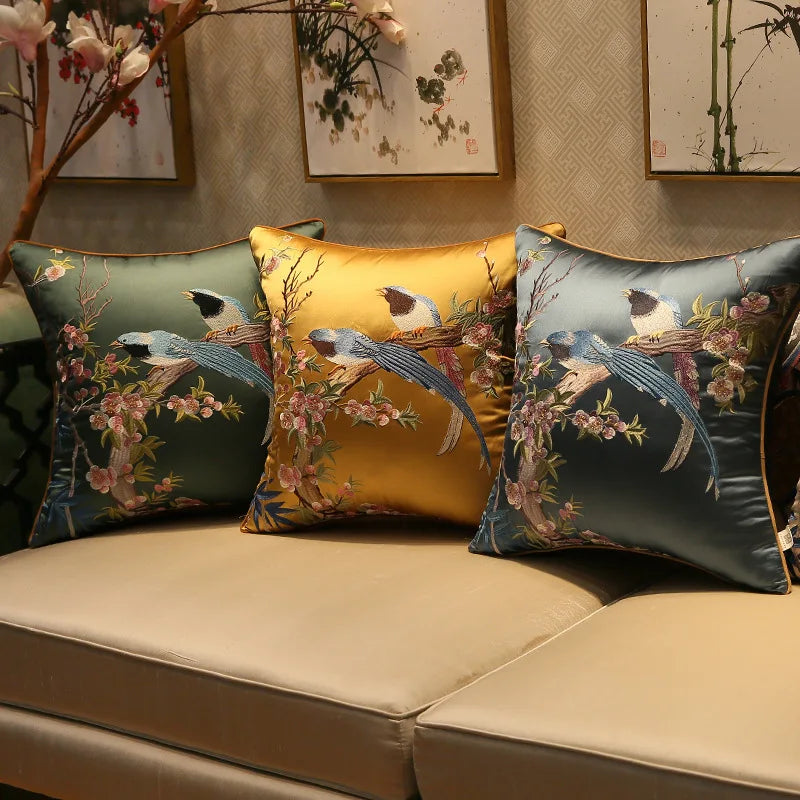 Afralia™ Spring Birds Embroidered Silk Cushion Cover 18x18Inch Luxury Brocade Pillowcase