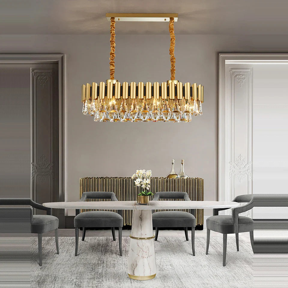 Afralia™ Golden Stainless Steel Crystal Chandelier | LED Round Oval Lustre Fixture