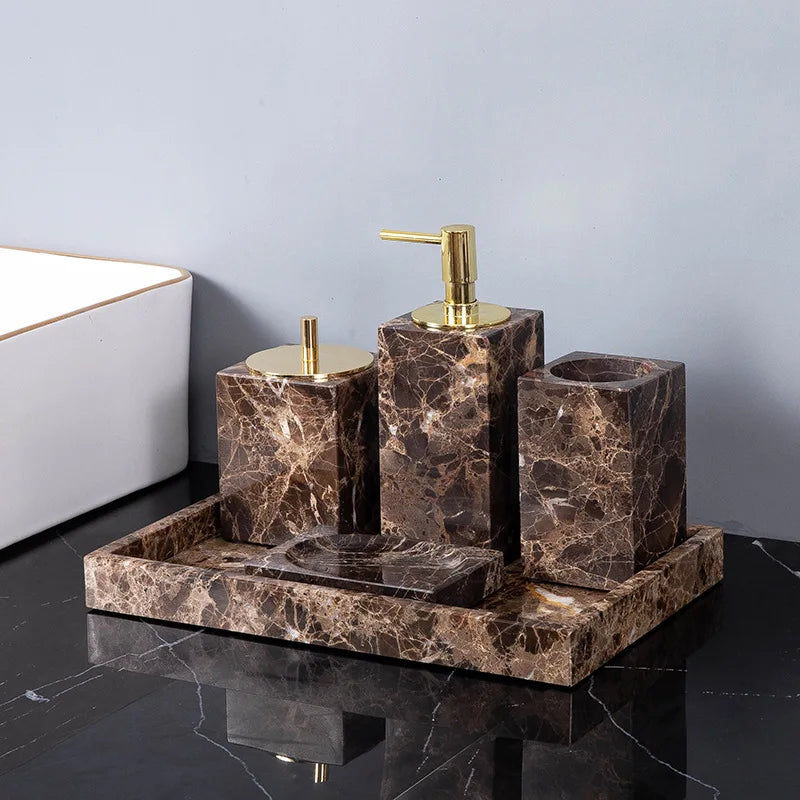 Afralia™ Emperador Dark Marble Bathroom Set: Toothbrush Holder, Soap Dish, Soap Dispenser