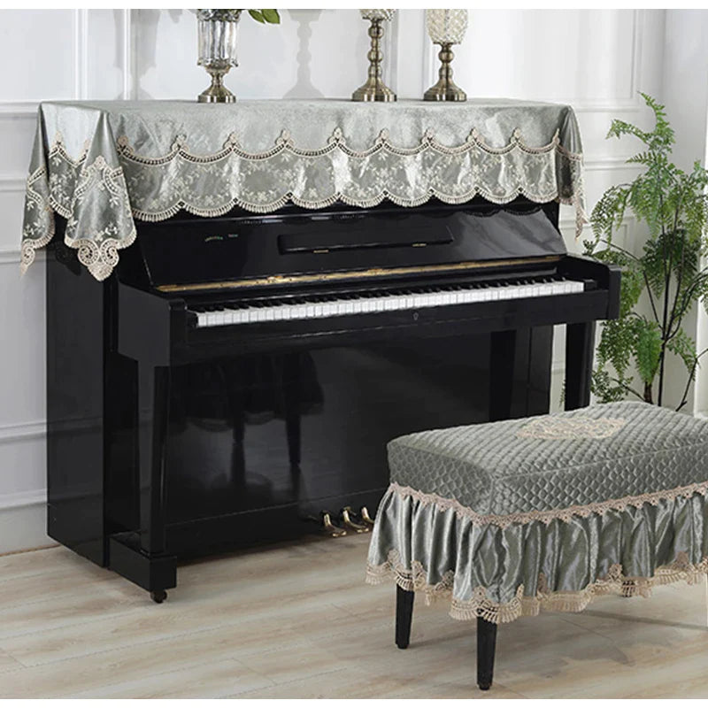 Afralia™ Teal Blue Velvet Lace Piano Cover & Stool Bench Set