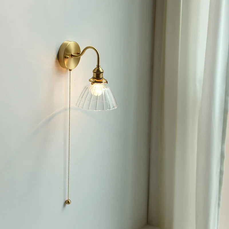 Afralia™ Glass Copper LED Wall Lights with Pull Chain Switch for Home Bedroom Bathroom Mirror