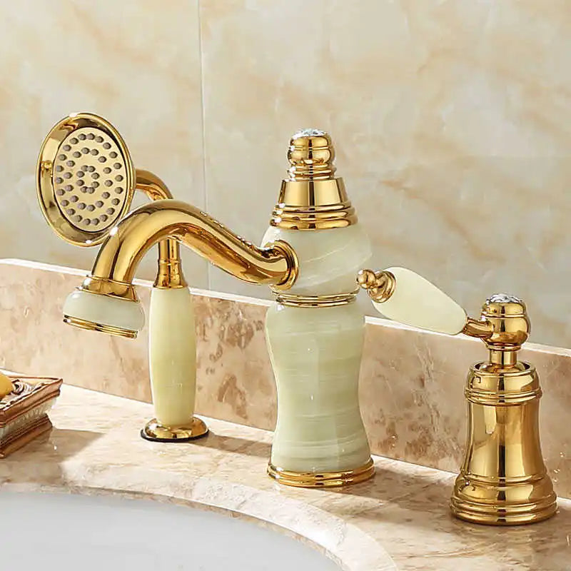Afralia™ Gold Brass Jade 3 Hole Widespread Basin Faucet with Double Handle