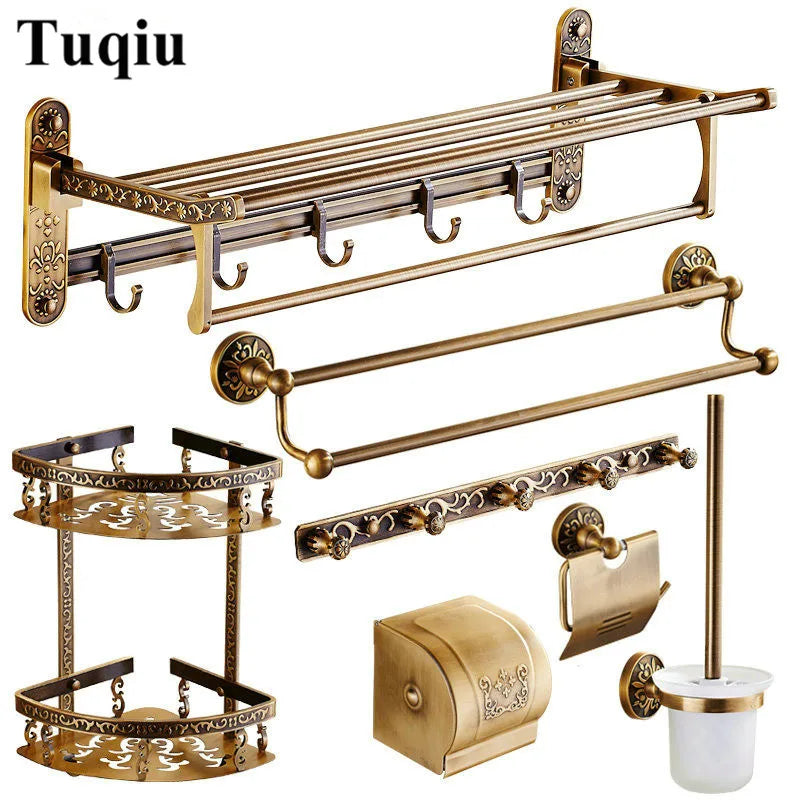 Afralia™ Antique Bronze Carved Bathroom Accessories Set: Towel Rack, Paper Holder, Toilet Brush Holder, Hooks