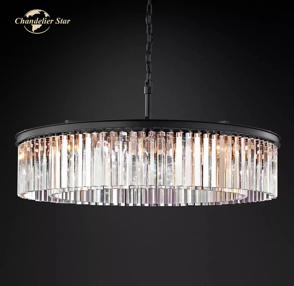 Afralia™ Modern LED Crystal Chandelier Chrome Black Metal Odeon Round Lamp
