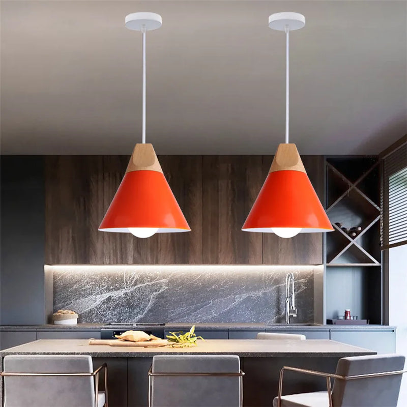 Afralia™ Cone Wood Pendant Lights Multicolor Aluminum Lampshade for Dining Room Home Lighting