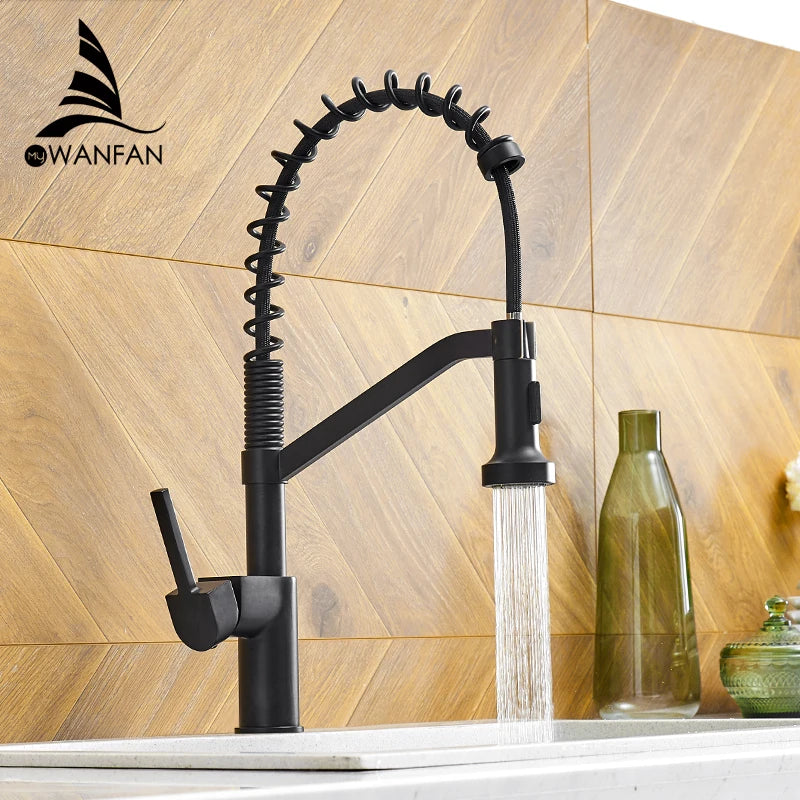 Afralia™ Modern Black & Brass Kitchen Faucet Pull Out Swivel Spout Mixer Tap 9013RSN