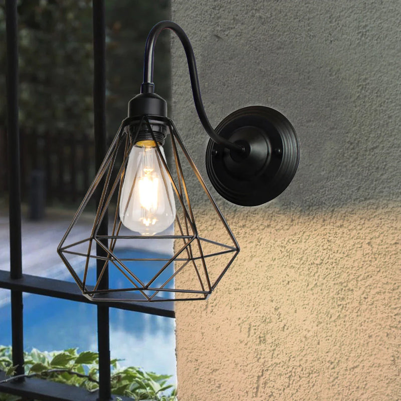 Afralia™ Black Cage Guard Wall Sconce LED Lamp Indoor Retro Lighting Fixture