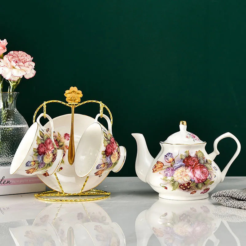 Afralia™ Luxury Bone China Tea Set with Teapot, Cups, and Saucers