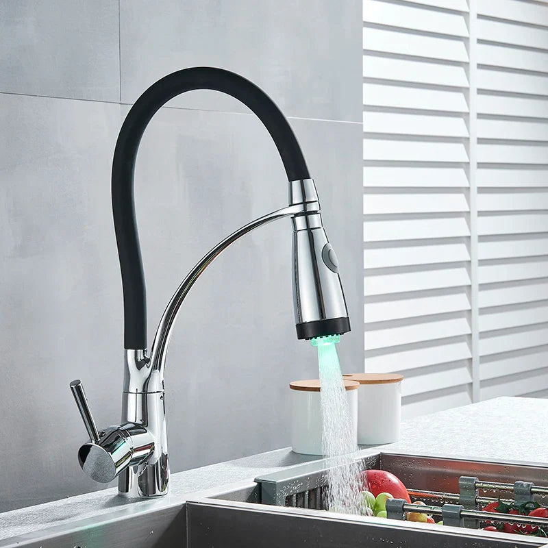 Afralia™ LED Chrome Kitchen Sink Faucet Single Handle 360 Rotate Pull Out Sprayer