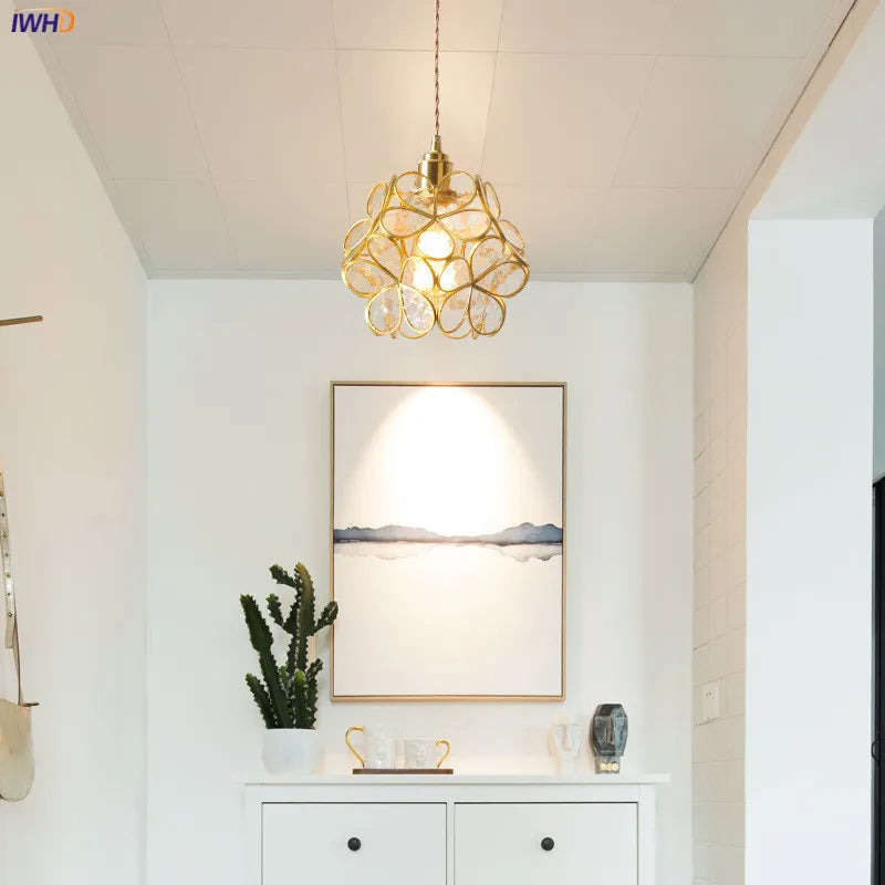 Afralia™ Nordic Flower Copper Glass LED Pendant Light for Bedroom Dinning Living Room
