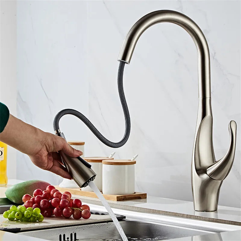 Afralia™ Nickel Kitchen Faucet: Chrome Pull Out Sink Tap, Single Hole Rotating Mixer