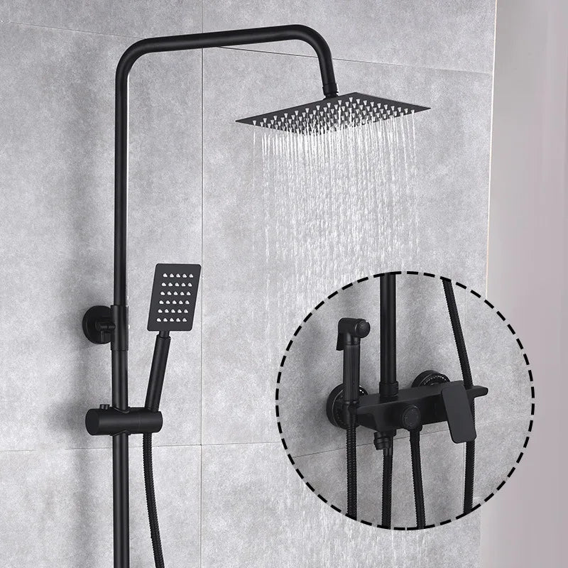 Afralia™ Black Brass Shower Set with Tub Faucet - Rainfall Bath Mixer for Bathtub