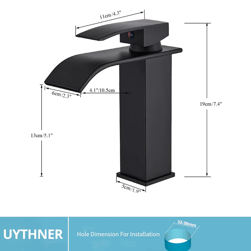 Afralia™ Black Brass Bathroom Waterfall Sink Faucet Hot&Cold Mixer Vanity Tap Deck Mounted