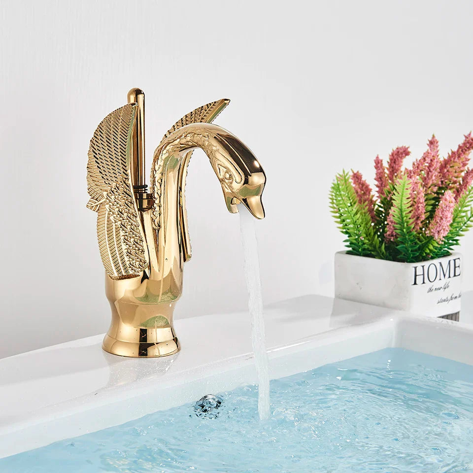 Afralia™ Brass Golden Swan Faucet for Bath Basin, Cold & Hot Water Mixer Tap