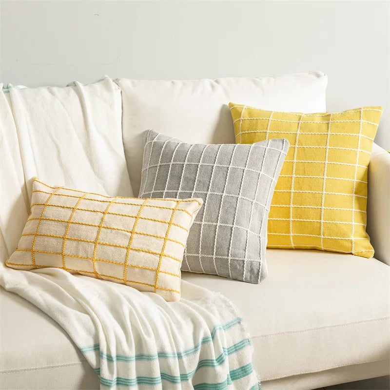 Afralia™ Cotton Woven Check Yellow Grey Ivory Cushion Cover for Home Living Room