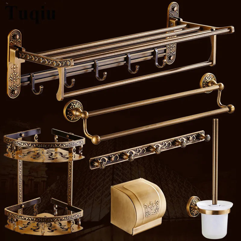 Afralia™ Antique Bronze Carved Bathroom Accessories Set: Towel Rack, Paper Holder, Toilet Brush Holder, Hooks