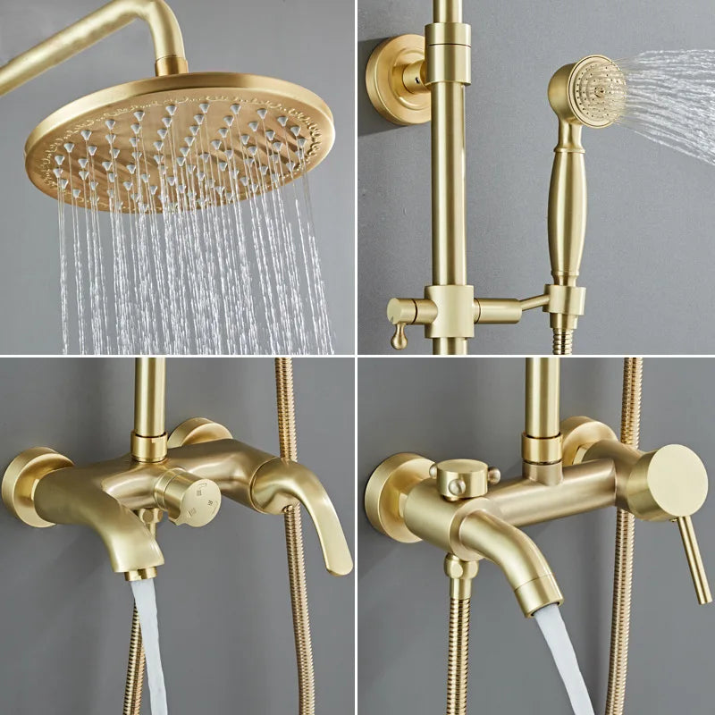 Afralia™ Brushed Gold Rainfall Shower Set Mixer Tap Tub Bathtub Faucet Brass