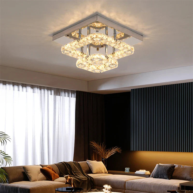 Afralia™ LED Crystal Chandelier Mirror Rings Ceiling Light for Home Décor