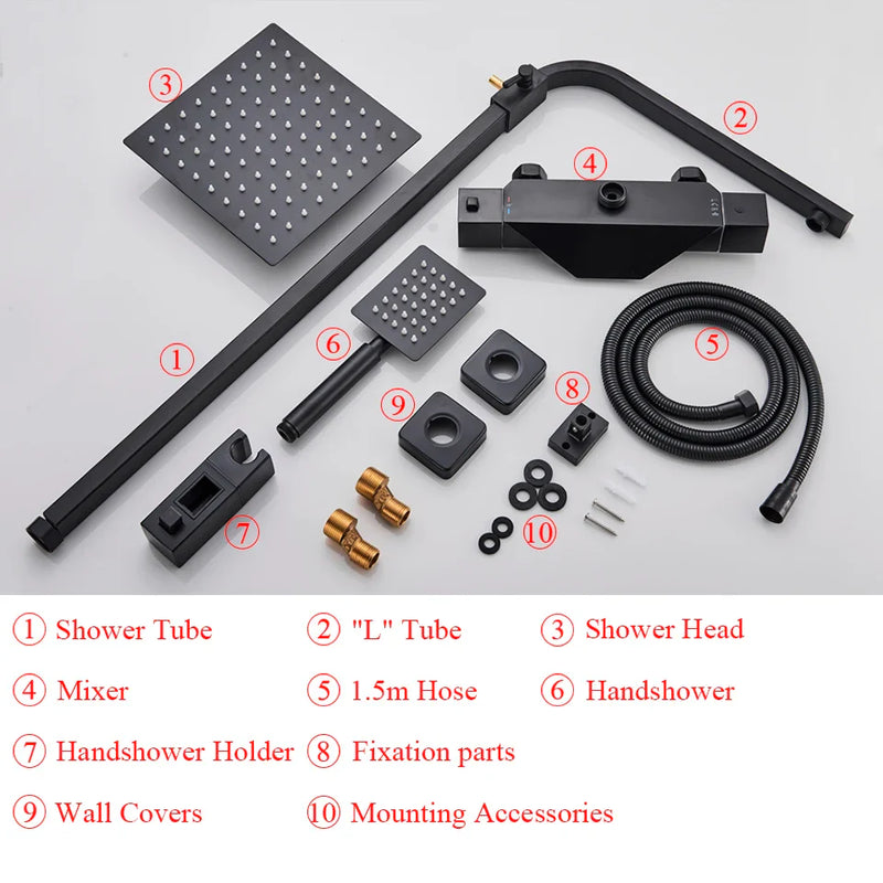 Afralia™ Black Thermostatic Shower Faucet Rain Head System for Wall Mount Installation