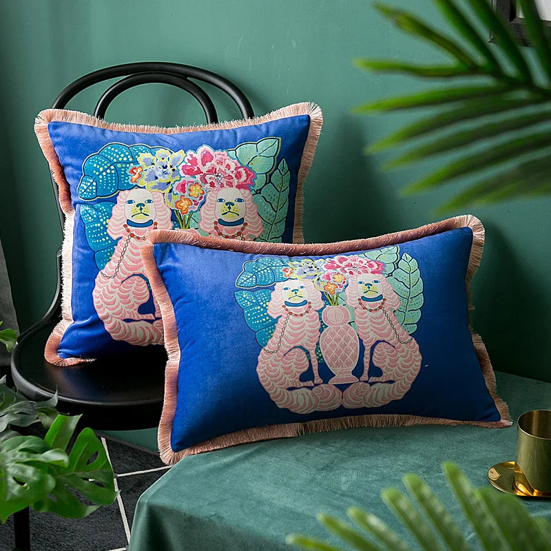 Afralia™ Oriental Mystical Animals Print Velvet Cushion Cover with Tassels