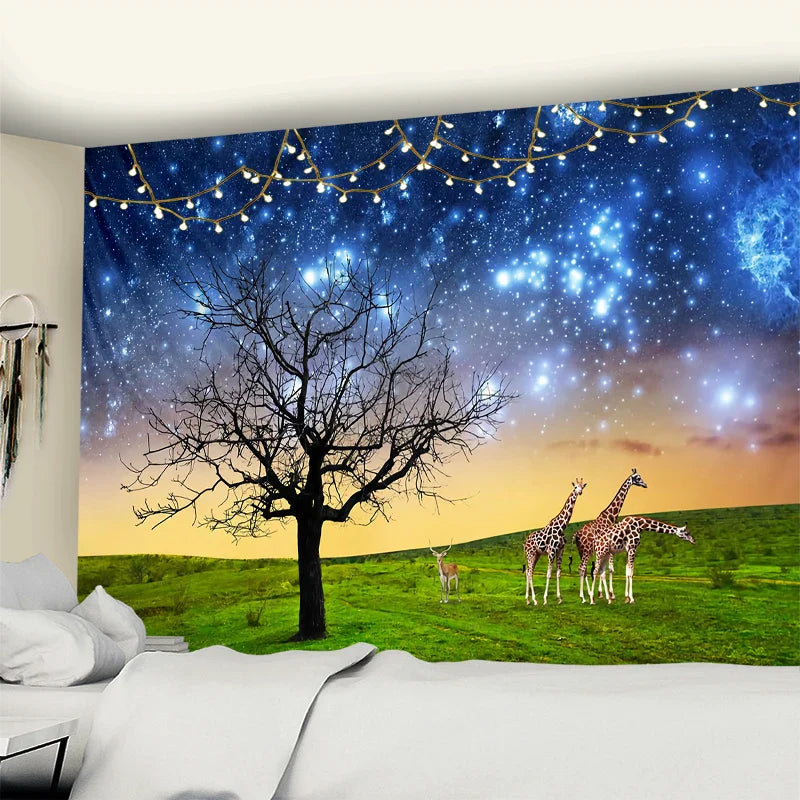 Afralia™ Starry Sky Deer Tapestry Wall Hanging Night View Home Decor