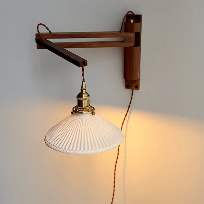 Afralia™ Minimalist Walnut Wall Lamp with Retractable Arm and Pleat Lampshade