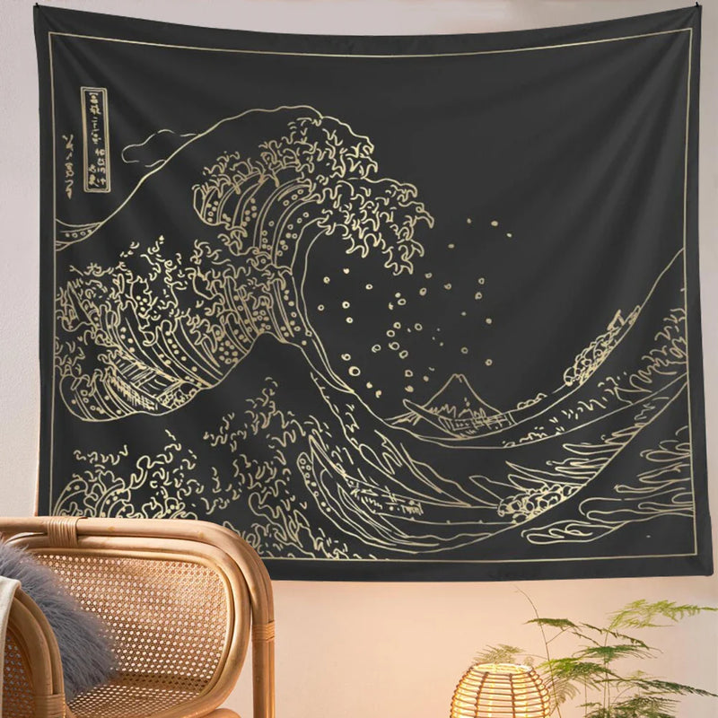 Afralia™ Kanagawa Wave Black White Tapestry Japanese Surfing Vintage Art Wall Hanging