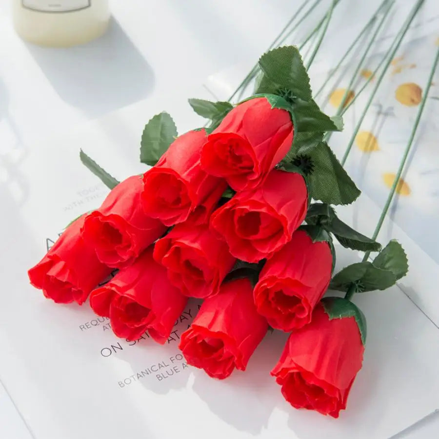 Afralia™ Red Silk Roses Bouquet Vase - Home Garden Wedding Decor Fake Flowers Bouquet