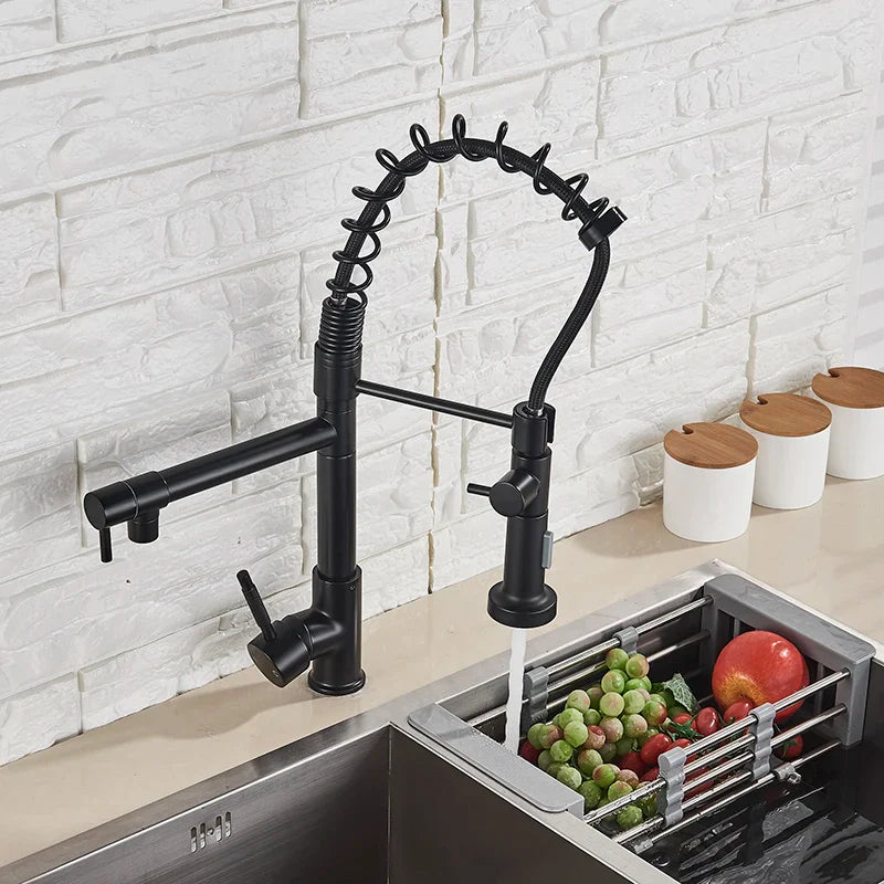 Afralia™ Dual Spout Kitchen Sink Faucet - Matte Black Finish, Deck Mount Spring Mixer