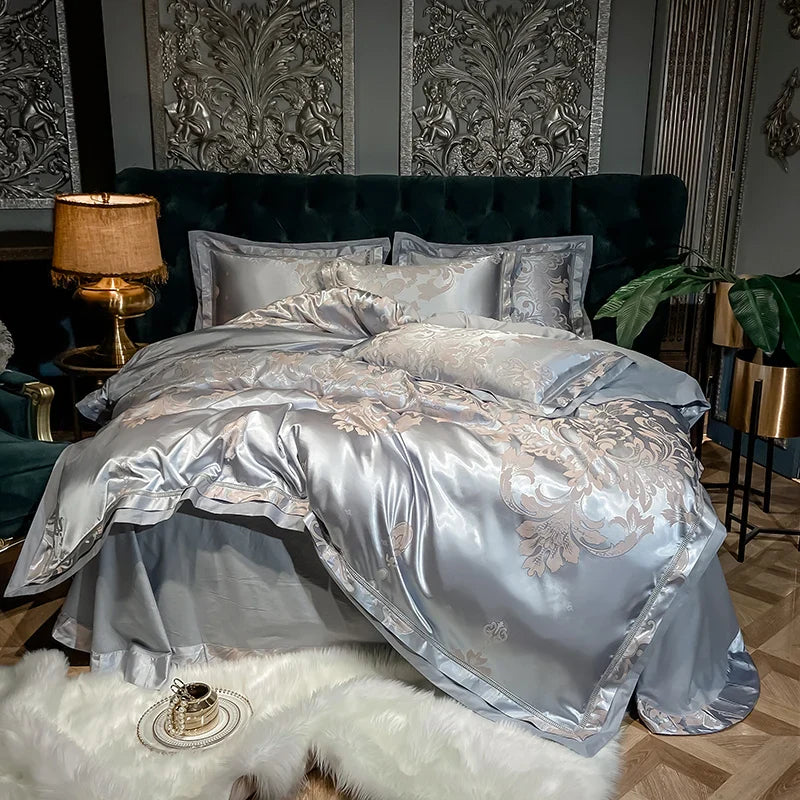 Afralia™ Luxury Soft Satin Jacquard Cotton Bedding Set in Blue/Gold/Gray, Queen/King Sizes