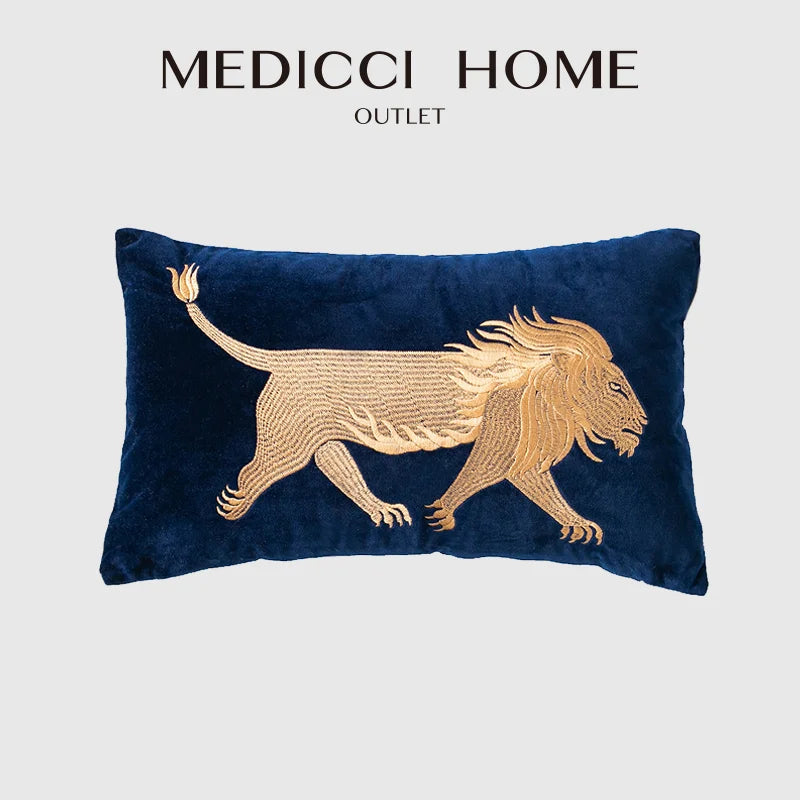 Afralia™ Strong Lion 3D Bronzing Embroidery Decorative Pillow Case, Mid Century Modern Luxurious Cushion Cover