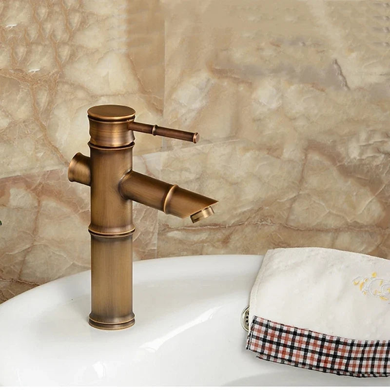 Afralia™ Antique Brass Bamboo Basin Faucet Single Handle Hot Cold Water Tap