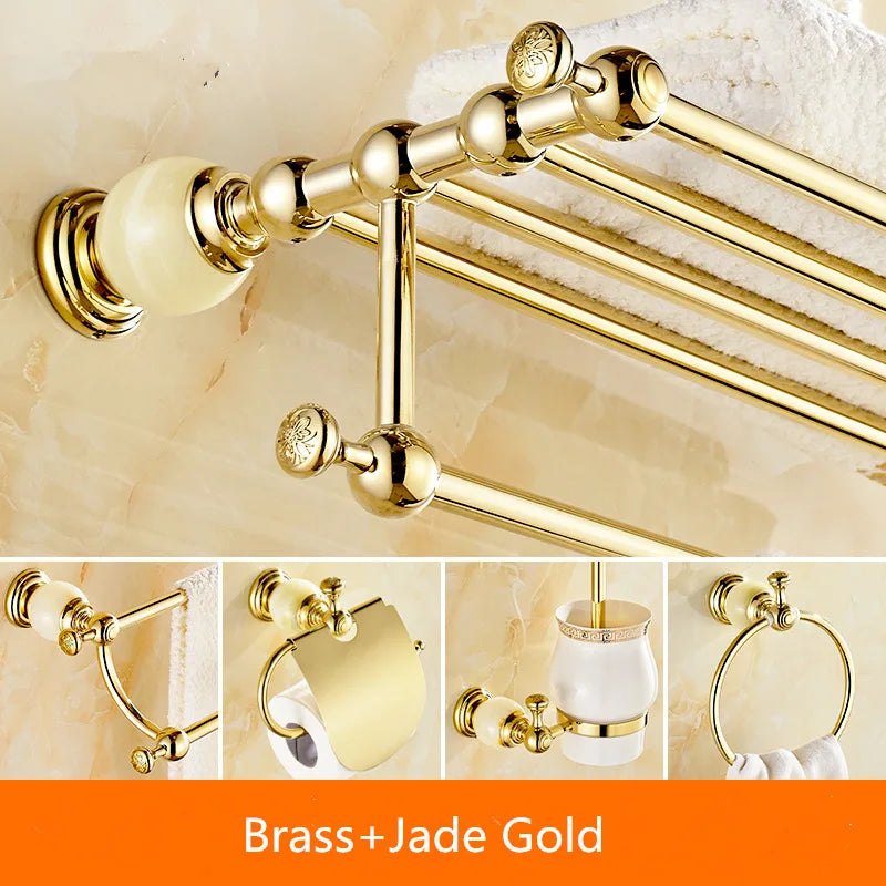 Afralia™ Brass Jade Bathroom Hardware Set: Corner Shelf, Paper Holder, Towel Bar, Soap Basket, Rack.