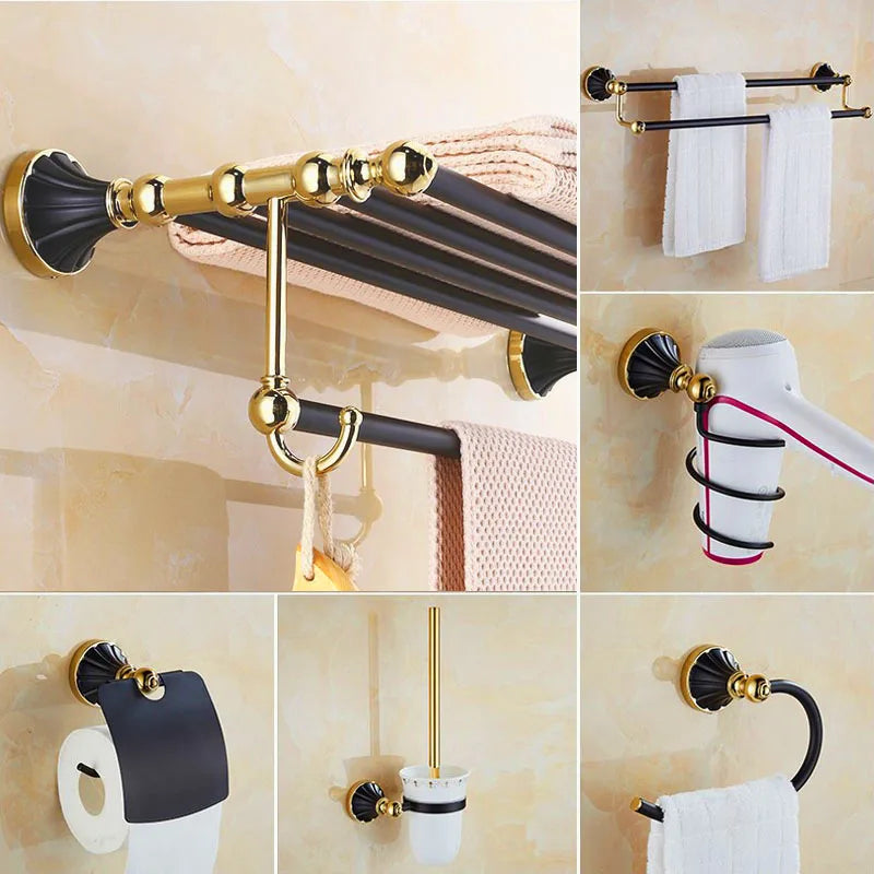 Afralia™ Gold Black Bathroom Accessories Set, Towel Bar, Toilet Brush Holder, Paper Holder