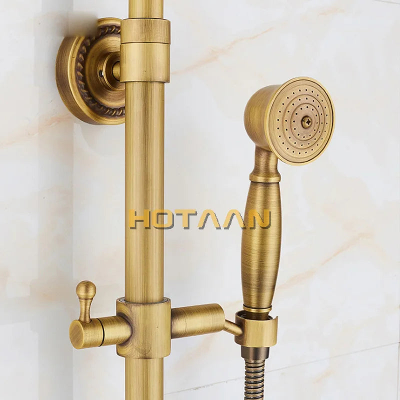 Afralia™ Antique Brass Shower Faucet Set with Rainfall Mixer Valve, 8" Head, Hand Shower