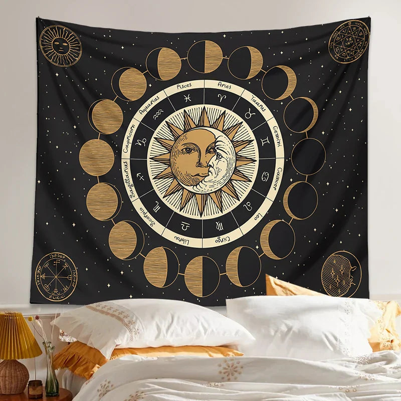 Afralia™ Astrology Wheel Tapestry Moon Phase Sun and Moon Starry Sky Home Decor